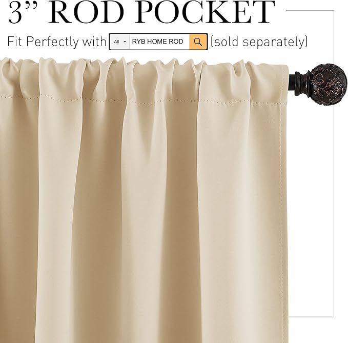 RYB HOME Privacy Bathroom Window Curtains, Short Thermal Insulated Heat Blocking Privacy Rod Pocket Half Window Curtain Tiers for Nursery Bedroom, Width 42 by Length 30, Biscotti Beige, 2 Panels