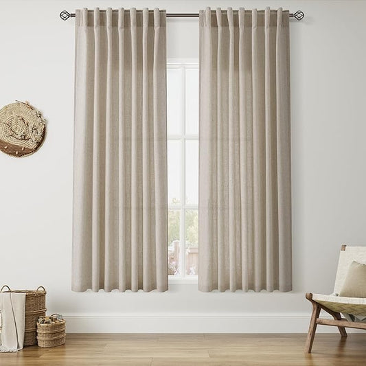 Nanspring Living Room Curtains 63 Inch Length Linen Blend Cobblestone Light Filtering Semi Sheer Curtain Back Tab and Rod Pocket Modern Farmhouse Decor Elegant Drapes for Bedroom 52x63, 2 Panels