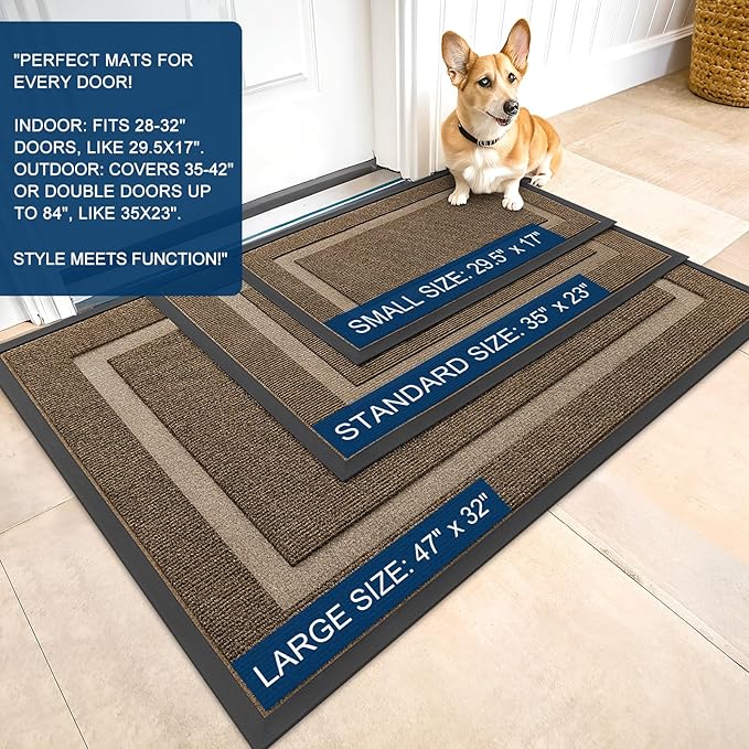 OLANLY Front Door Mat Indoor Outdoor Entrance, Waterproof All-Season, All-Weather Doormat, Sturdy Natural Rubber, Fade Resistant, Low Profile, Easy Clean Patio Porch Entryway Mat, 59x20, Brown