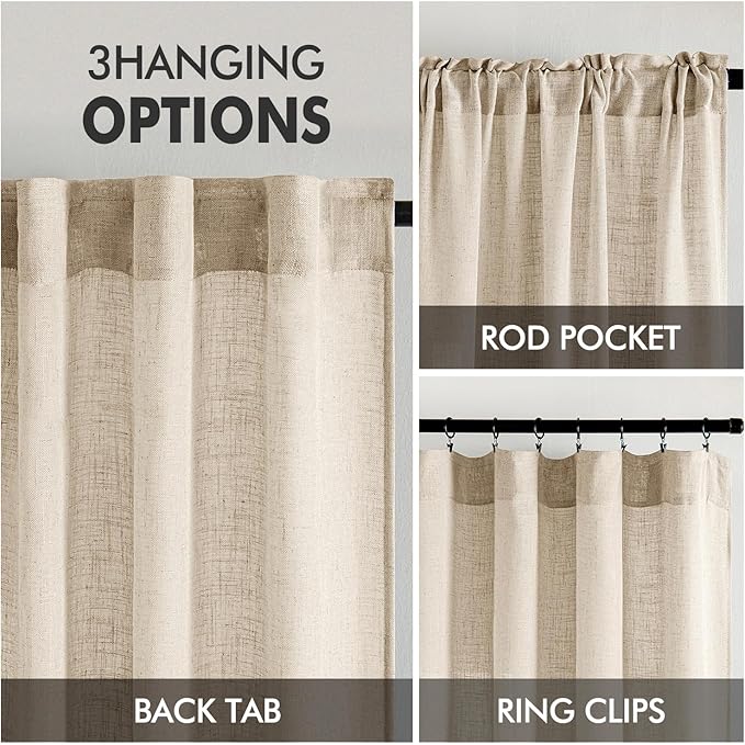 MIULEE Light Taupe Linen Curtains 108 Inches Long 2 Panels for Bedroom Living Room, Soft Linen Textured Window Drapes Semi Sheer Light Filtering Back Tab Rod Pocket Farmhouse Modern Burlap Look Decor