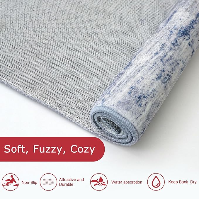 KOZYFLY Modern Abstract Washable Rug Runner 2.6x10 Hallway Rug Runner Non-Slip Soft Kitchen Runner Rugs, Grey-Blue Striped Carpet for Entryway Bathroom Laundry Room Foyer