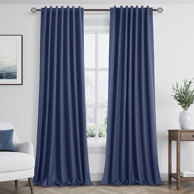 Guken 100% Blackout Curtains 120 Inch Length 2 Panels Set for Living Room Bedroom Back Tab Thermal Insulated Black Out Linen Drapes Room Darkening Window Curtains Classic Blue 52x120