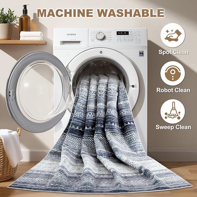 Nakagishi 5x7 Area Rugs Living Room: Washable Boho Large Neutral Soft Rug Modern Stain Resistant Moroccan Indoor Non Slip Floor Carpet for Bedroom Nursery Kids Playroom Office Dining Room Dorm- Blue