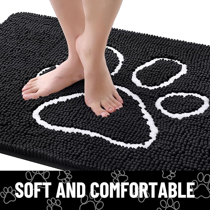 Smiry Dog Door Mat for Muddy Paws, Absorbent Dirt Trapper Non Slip Quick Dry Washable Chenille Mat for Mud Dogs, Entry Rug for Indoor and Outdoor (48x30 Inches, Black and White)