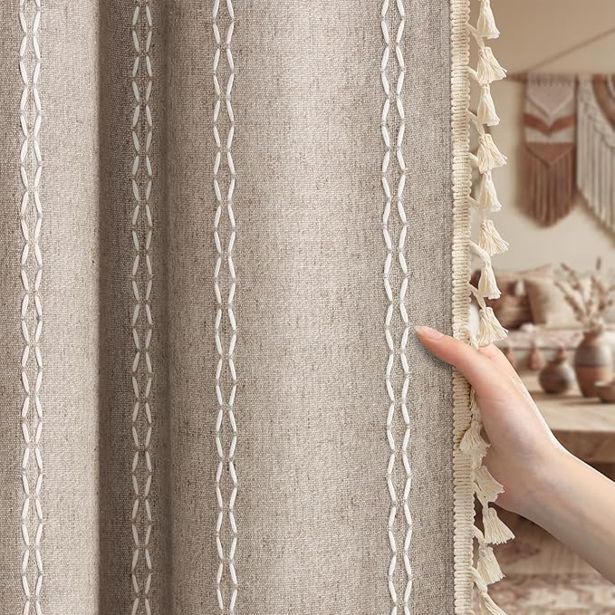 Brown Boho Blackout Curtains 2 Panels 84 Inch for Living Room Bedroom, Warm Taupe Linen Texture Farmhouse Curtains with Tassels and White Cotton Embroidery Vintage Rustic Country Western