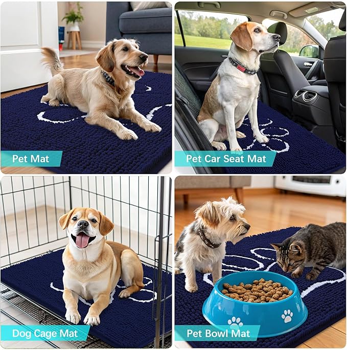 OLANLY Dog Door Mat for Muddy Paws 30x20, Paw Print Design, Absorbs Moisture and Dirt, Absorbent Non-Slip Washable Doormat, Quick Dry Chenille Mud Mat for Dogs, Entry Indoor Entryway Carpet, Navy Blue
