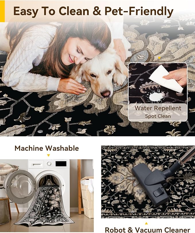 Area Rugs 3'x10' Runner Rug Non Slip Washable for Kitchen Hallway Bedroom Beside Laundry Room Bathroom Rug, Floor Carpet, Black Brown Neutral Dark Tan