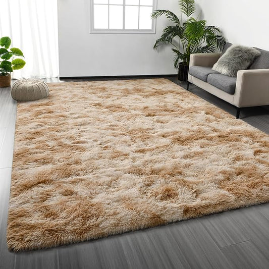 Deerhoo Large Shag Area Rugs 5 x 8, Tie-Dyed Plush Fuzzy Rugs for Living Room, Ultra Soft Fluffy Furry Rug for Bedroom, Indoor Carpet Nursery Rugs for Kids Room Home Decor, Beige