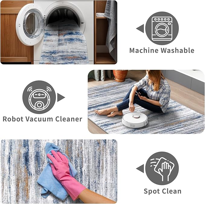 3x5 Area Rug Non-Slip: Washable Rugs for Hallway Entryway Kitchen Living Room Bedroom - Easy-to-Clean Stain and Water Resistant Carpet - Soft Low-Pile Throw Mat Navy Grey