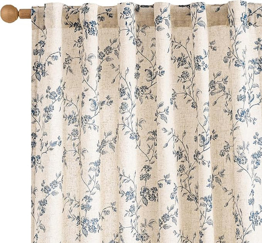 Lazzzy Farmhouse Linen Curtains Extra Long Blue Floral Curtains 108 Inch Long Back Tab Drapes for Living Room Bedroom Light Filtering Country Vintage Rod Pocket, 2 Panels, Blue on Beige