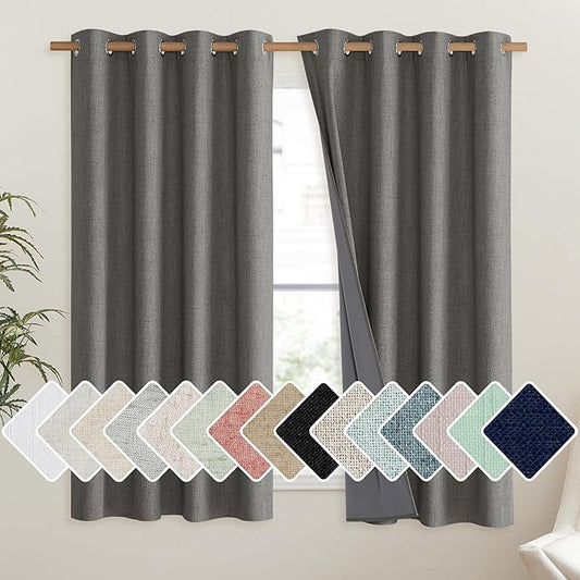 NICETOWN Grizzle Gray Vintage Linen 100% Blackout Curtains for Living Room, Thermal Insulated Curtains 45" Long, Noise Reducing Window Treatment Drapes for Hall Room, 52" Wide Per Panel, Set of 2