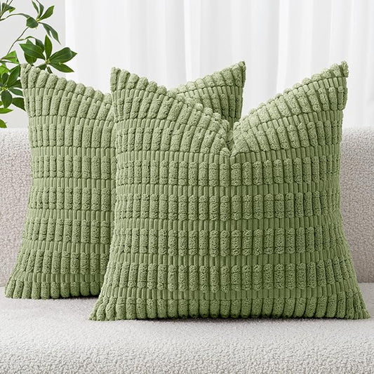 MIULEE Pack of 2 Spring Corduroy Decorative Throw Pillow Covers 16x16 Inch Soft Boho Striped Pillow Covers Modern Farmhouse Home Decor for Summer Sofa Living Room Couch Bed Sage Green
