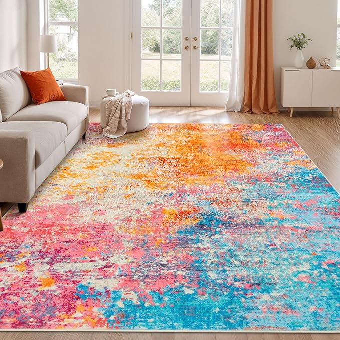 Rugflix 9x12 Area Rugs for Living Room, Washable Large Multicolor Rug Stain-Resistant Low Pile, Modern Carpet for Dining Room Home Office Kid Room Nursery Bedroom, Colorful Rainbow