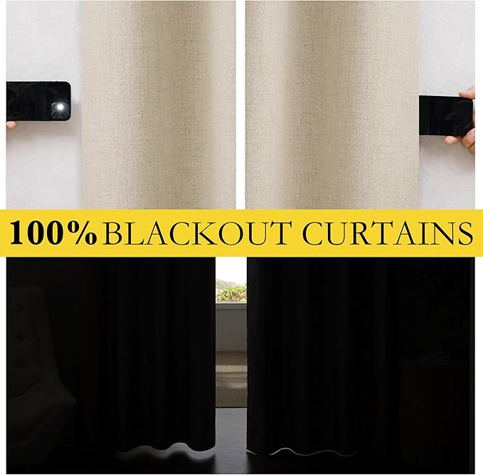 NICETOWN Cream Full Blackout Boho-Chic Linen Curtains 84 inch Long 2 Panels Set for Cafe Window, 42 inch Wide, Thick Linen Blend Drapes, Insulated Window Covers Draperies with White Backing
