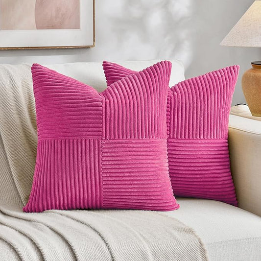 Fancy Homi 2 Packs Hot Pink Euro Decorative Throw Pillow Covers 26x26 Inch for Couch Bed Sofa, Rustic Farmhouse Boho Home Decor, Soft Corss Corduroy Patchwork Textured Square Cushion Case 66x66 cm