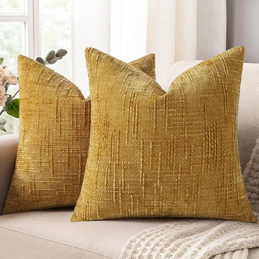 decorUhome Summer Mustard Yellow Chenille Throw Pillow Covers 16x16 Set of 2 Textured Soft Cozy Slubby Couch Pillow Covers Modern Farmhouse Boho Decorative Pillow Cases for Bed Sofa Living Room