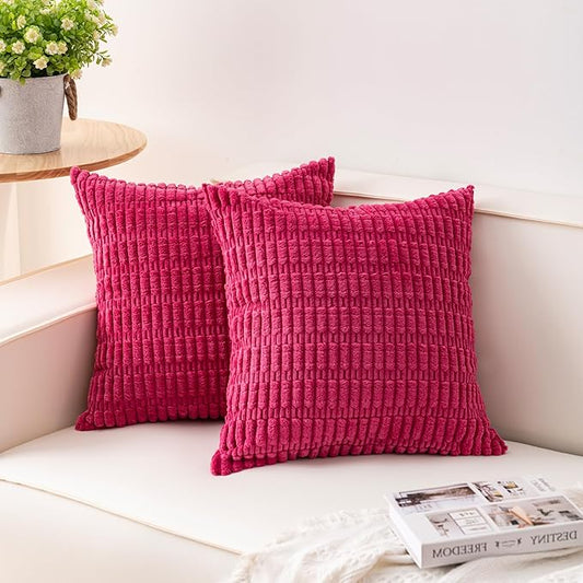 Pack of 2 Corduroy Decorative Throw Pillow Covers 16x16 Inch Soft Striped Pillow Covers Modern Farmhouse Home Decor for Sofa Living Room Couch Bed（Rose Red）