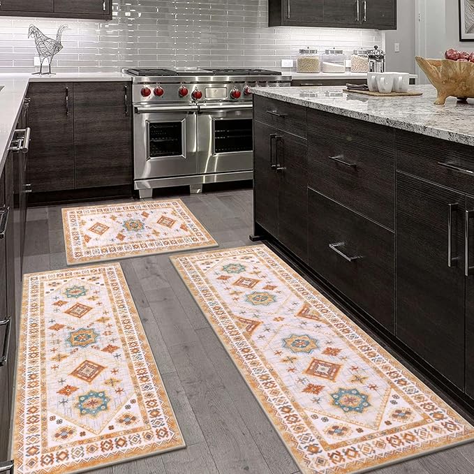 Boho Kitchen Rug Sets 3 Piece with Runner Non Slip Kitchen Rugs