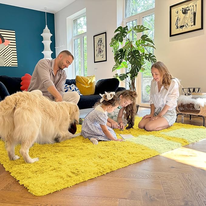 OLANLY 8x10 Machine Washable Large Area Rugs for Living Room, Bedroom, Soft Fluffy Shaggy Bedside Rug, Indoor Floor Carpet for Kids Girls and Boys, Dorms, Nursery, Home Decor Aesthetic, Yellow