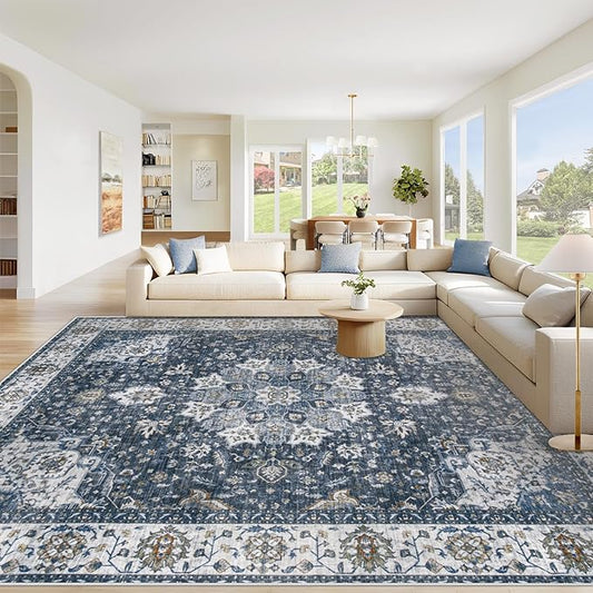 Area Rug 9x12 Washable Rug, Vintage Boho Medallion Rugs Non-Slip Soft Low Pile Large Distressed Rug Indoor Retro Carpet for Living Room Bedroom Dining Room Home Office (Vintage Blue, 9'x12')