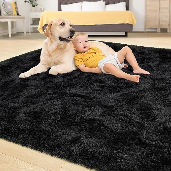 Tepook Fluffy Large Rugs for Living Room, Shag Area Rug 6x9 Soft Carpet for Bedroom, Modern Shaggy Rug for Kids Boys Girls, Plush Indoor Nursery Home Decor Rug with Non-Slip Bottom, Black, 6 X 9 Feet