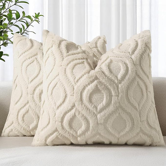 decorUhome Throw Pillow Covers 16x16 Inch Set of 2, Soft Plush Faux Wool Beige Solid Couch Pillow Covers, Accent Farmhouse Neutral Square Pillow Cases for Sofa Bed Living Room