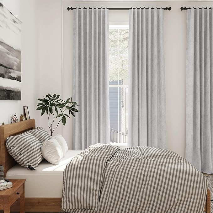 Grey Linen Back Tab Curtains 96 Inches Long 2 Panels Set for Living Room Sliding Glass Door Grey Semi Sheer Curtains Light Filtering Canvas Cloth Linen Drapes 96 Inch Floor to Ceiling Length