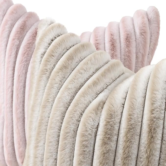 decorUhome Summer Cozy Faux Fur Throw Pillow Covers 16x16 Set of 2 Decorative Soft Plush Striped Modern Farmhouse Boho Couch Pillow Cases with Velvet Back for Sofa Bed Living Room, Beige White