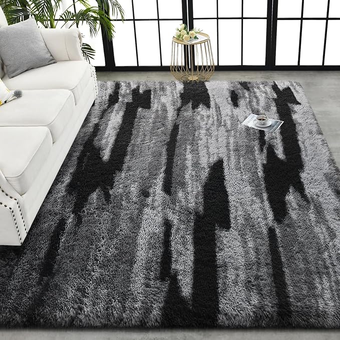 TWINNIS Super Soft Shaggy Rugs Fluffy Carpets, 4x5.9 Feet, Indoor Modern Plush Area Rugs for Living Room Bedroom Kids Room Nursery Home Decor, Upgrade Anti-Skid Rectangular Fuzzy Rug, Black Gray