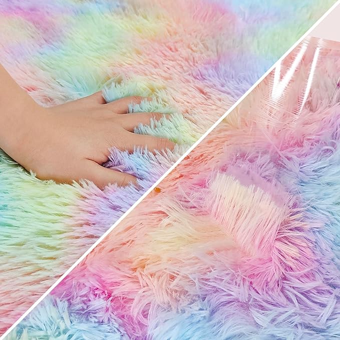 Small Fluffy Rainbow Colorful Area Rug for Girls Bedroom 2x3 Mini Kawaii Tie Dye Rug Fuzzy Unicorn Throw Rug for Living Room Kids Nursery Baby Princess Room Home Decor Aesthetic Carpets