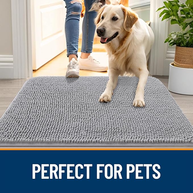 OLANLY Dog Door Mat for Muddy Paws 47x17, Absorbs Moisture and Dirt, Absorbent Non-Slip Washable Doormat, Quick Dry Chenille Mud Mat for Dogs, Entry Indoor Entryway Carpet for Inside Floor, Light Grey