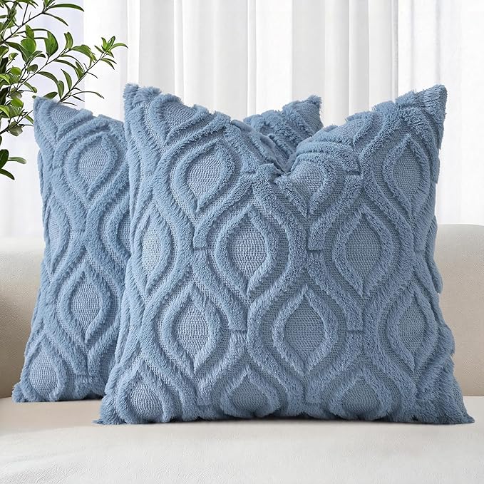 decorUhome Throw Pillow Covers 24x24 Inch Set of 2, Soft Plush Faux Wool Dusty Blue Solid Couch Pillow Covers, Accent Euro Sham Farmhouse Neutral Square Pillow Cases for Sofa Bed Living Room