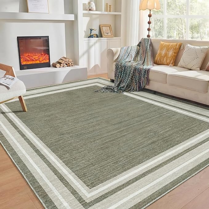 OPPODREAM Border Soft Area Rugs 8x10, Washable Brown Rug with Non Slip Backing, 8 x 10 Faux Cashmere Low-Pile 8x10 Carpet