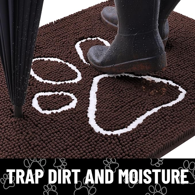Smiry Dog Door Mat for Muddy Paws, Absorbent Dirt Trapper Non Slip Quick Dry Washable Chenille Mat for Mud Dogs, Entry Rug for Indoor and Outdoor (70x24 Inches, Brown and White)