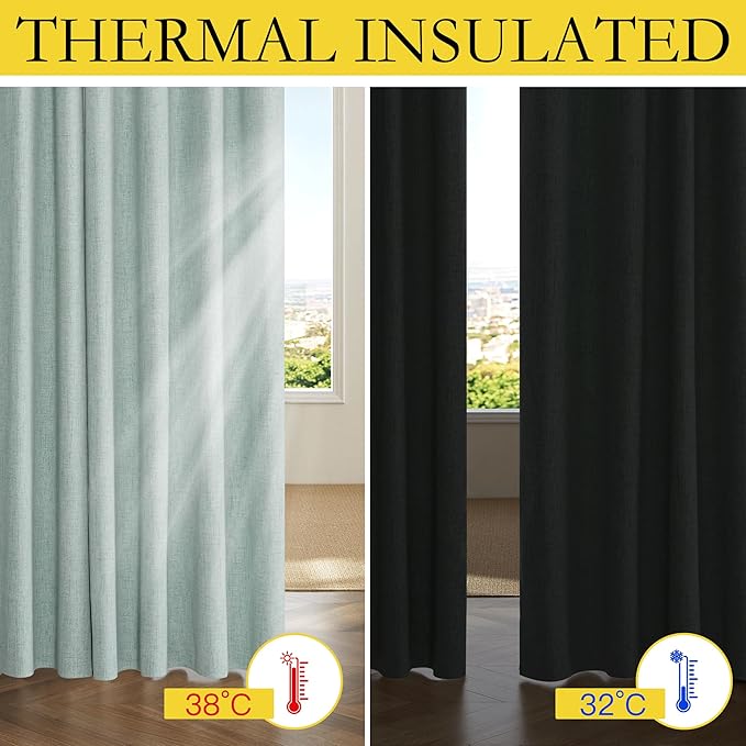 NICETOWN 100% Absolutely Blackout Linen Curtains with Thermal Insulated Liner, Seafoam Green, 62" Wide, 95" Length Energy Saving Curtains for Living Room 2 Panels Set, Vertical Blinds