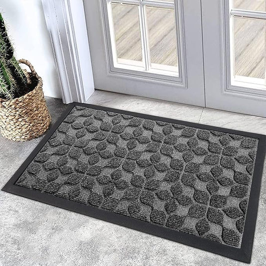 Bulijojo Sturdy Front Entrance Doormats,Durable Heavy Duty Welcome Mat,Thick Absorbent Natural Rubber Non Slip Mat,Easy Clean Entryway Mat Geometric Grey 23"x35"