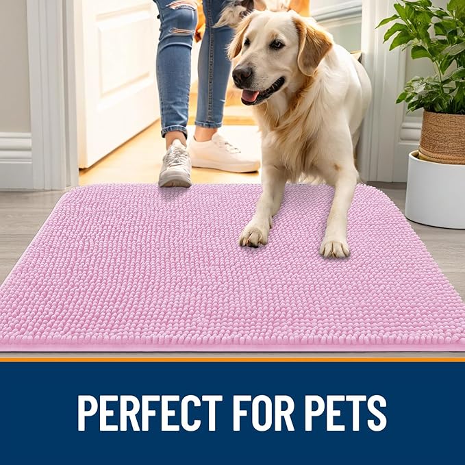 OLANLY Dog Door Mat for Muddy Paws 32x20, Absorbs Moisture and Dirt, Absorbent Non-Slip Washable Doormat, Quick Dry Chenille Mud Mat for Dogs, Entry Indoor Entryway Carpet for Inside Floor, Pink