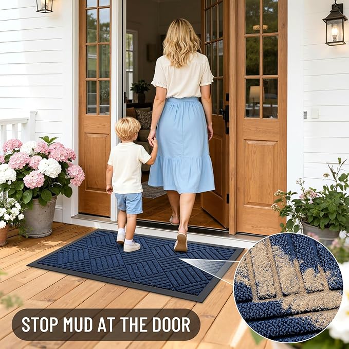 OLANLY Front Door Mat Outside Entrance 33x21, Absorbent, Heavy Duty Sturdy Natural Rubber Doormat Indoor Outdoor, Stain Fade Resistant, Non-Slip Low Profile Floor Mat for Entryway, Navy Blue Diamond