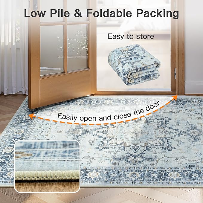 Lofus 2x3 Washable Rug for Entryway Bathroom, Non Slip Kitchen Mats for Floor, Vintage Soft Door Mat Indoor Entrance, Small Area Rugs, Farmhouse Carpet for Entry Living Room Bedroom, Blue Gold