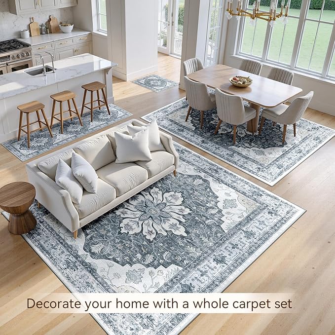 Area Rugs 8'x10' Washable Non-Slip, Floral Vintage Distress Print Pattern Medallion Carpet for Living Room Bedroom Dining Room, Light Gray Grey White