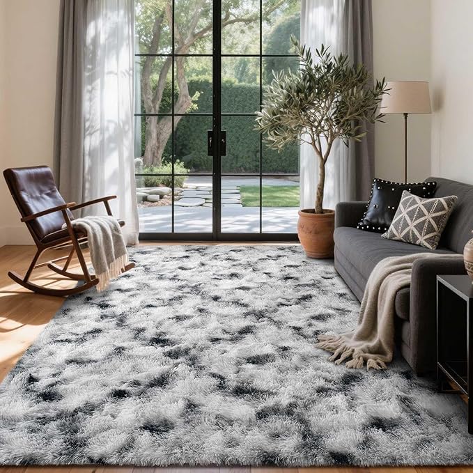 4x6 Ft Shag Area Rug for Bedroom Living Room, Tie-Dyed Ultra Soft Fluffy Furry Rugs for Indoor Floor, Aesthetic Carpet for Kids Home Decor (Black White)