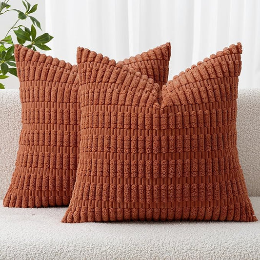 MIULEE Pack of 2 Rust Corduroy Decorative Euro Sham Pillow Covers 24x24 Inch Soft Boho Striped Throw Pillow Covers Modern Farmhouse Home Decor for Summer Sofa Living Room Couch Bed