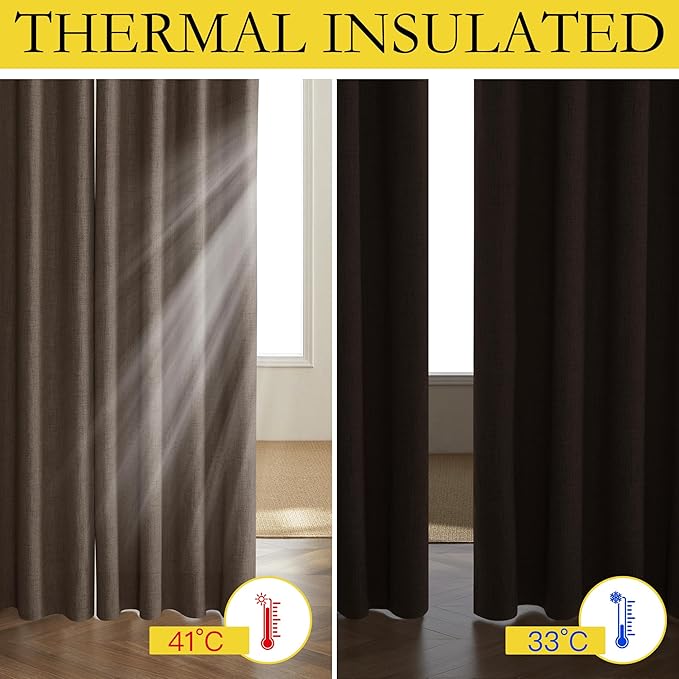 NICETOWN Coffee Vintage Linen 100% Blackout Curtains for Living Room, Thermal Insulated Curtains 120" Long, Noise Reducing Window Treatment Drapes for Hall Room, 52" Wide Per Panel, Set of 2