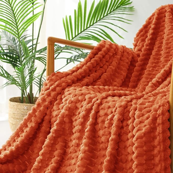 Exclusivo Mezcla Fleece Queen Blanket for Bed, Extra Large Fuzzy Burnt Orange Bed Blankets, Soft Cozy Plush Sofa Throws for All Seasons, 90x90 Inches