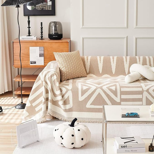 HANDONTIME Sofa Covers for Sectional Sofa Set Boho Couch Cover for Dogs Khaki Throw Couch Cover with Tassel Loveseat Covers Futon Cover L Shaped Cover Washable Chenille Couch Protector, 71" X134"