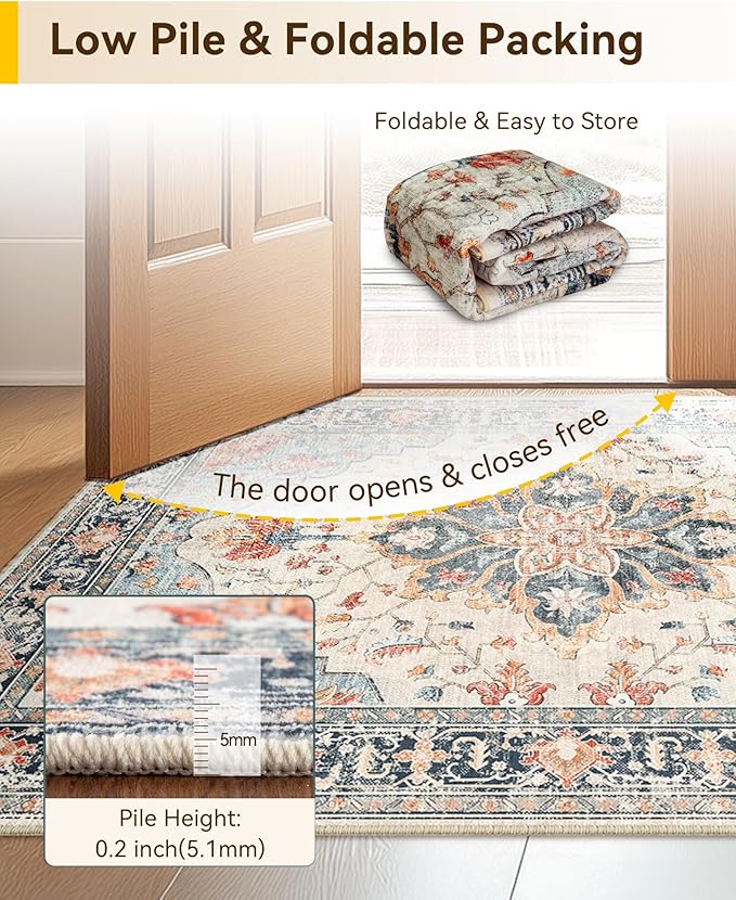RELEANY Area Rugs 9'x12' Washable Non-Slip, Floral Vintage Distress Print Pattern Medallion Carpet for Living Room Bedroom Dining Room, Beige Navy Blue Orange Colorful