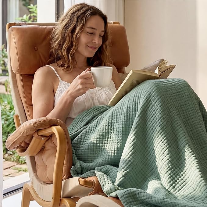 Bedsure 100% Cotton Muslin Blanket Queen Size for Bed - 4-Layer Breathable and Lightweight Thin Soft Summer Gauze Muslin Blankets for Adults, Sage Green, 90x90 Inches