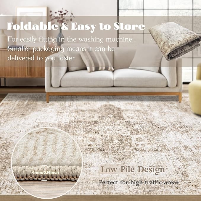 Area Rug 8x10 Washable Rug, Vintage Boho Medallion Rugs Non-Slip Soft Low Pile Large Distressed Rug Indoor Retro Carpet for Living Room Bedroom Dining Room Home Office (Brown, 8'x10')
