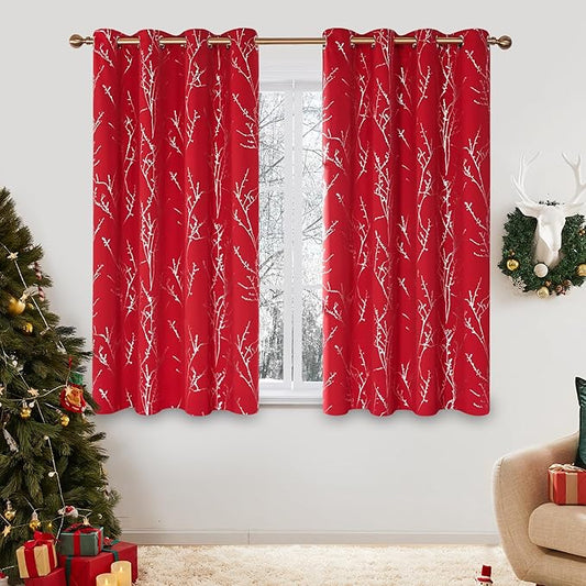 Deconovo Christmas Red Curtains, Blackout Drapes, Soundproof Curtain, Silver Print, 52 x 63 Inch Long, 2 Panels, Machine Washable Window Panel for Living Room Bedroom Festival Party Decoration Kitchen