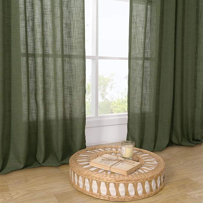LAMIT Olive Green Linen Semi Sheer Curtains 45 Inch for Bedroom, Light Filtering Neutral Window Curtains Boho Back Tab and Rod Pocket Christmas Decor Panels, 2 Panels, 52 x 45 Inch